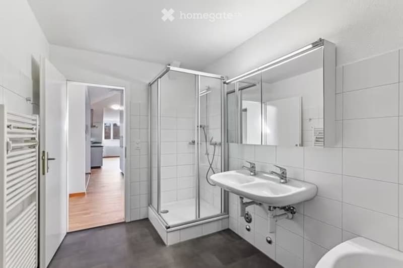 Modern bathroom with white tiles, a glass-enclosed shower stall, a white sink with a mirror, and a towel rack visible in the background.