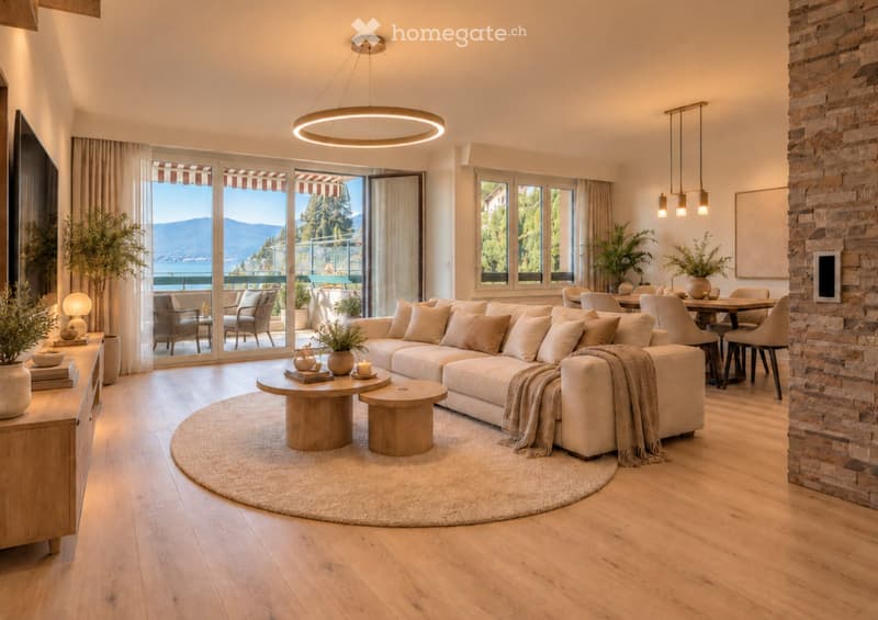 Modern living room with large windows and a view, featuring a sectional sofa, coffee table, dining area, pendant lights, and decorative plants.