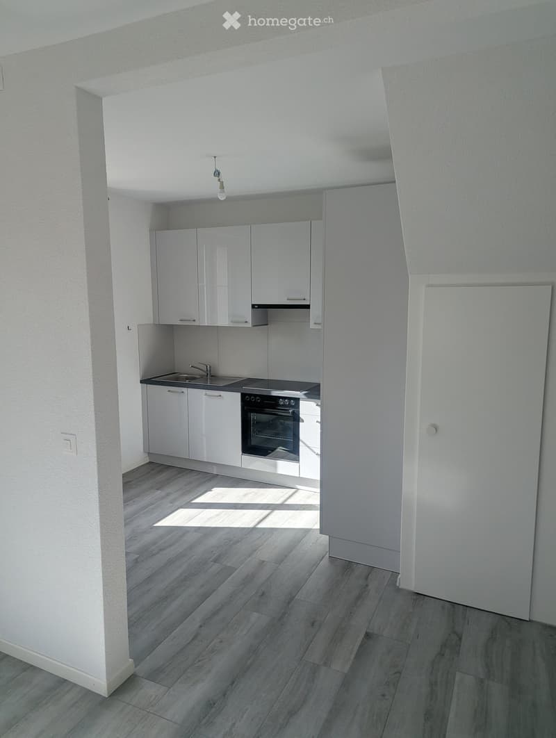 Modern kitchen with white cabinets, stainless steel sink, oven, and wooden flooring.