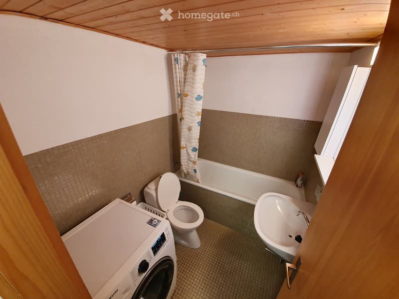 Compact bathroom with a toilet, bathtub, washing machine, and a shower curtain. The walls are tiled in a neutral color scheme, and the ceiling is wooden.