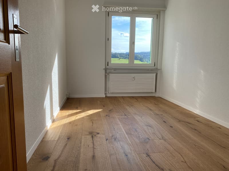 Empty room with wooden flooring, white walls, a window with a scenic view, and a radiator below the window.