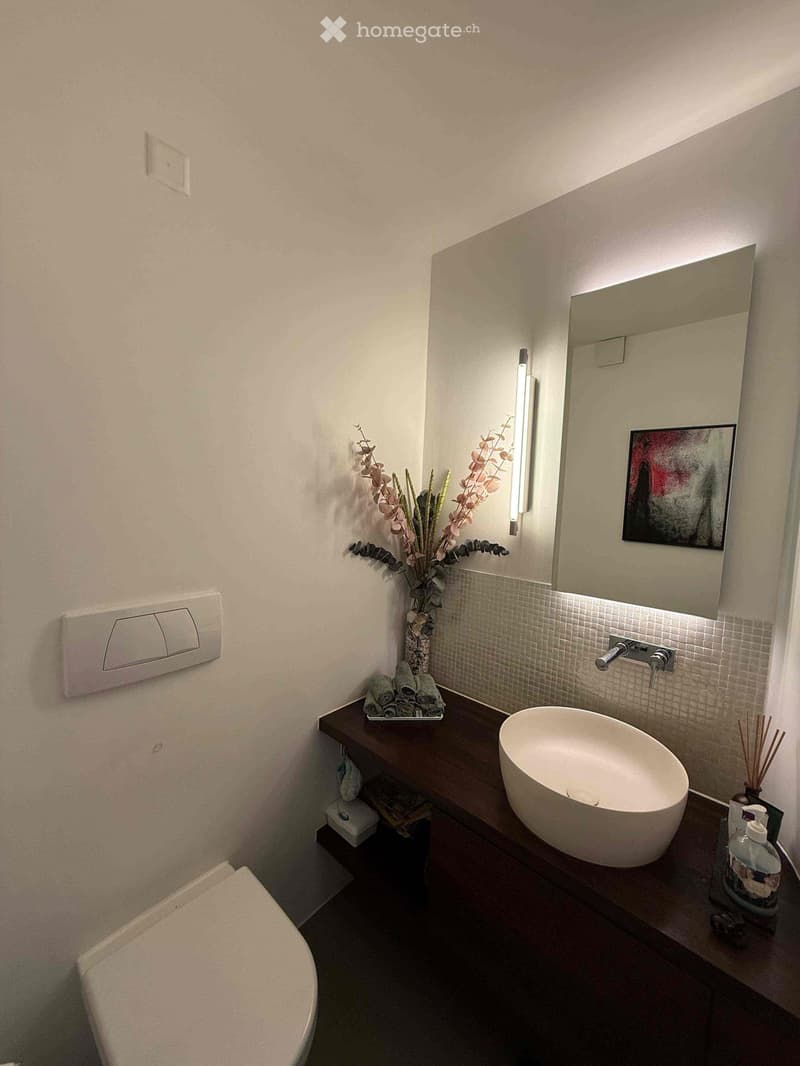 Modern bathroom with a white sink, large mirror, dark wooden vanity, and decorative vase with dried flowers. Includes a toilet and a framed picture on the wall.