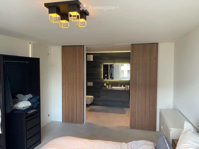 Modern bedroom with a large bed, built-in wardrobe, nightstand, and an adjacent modern bathroom with a sink, toilet, and dark-toned cabinetry.