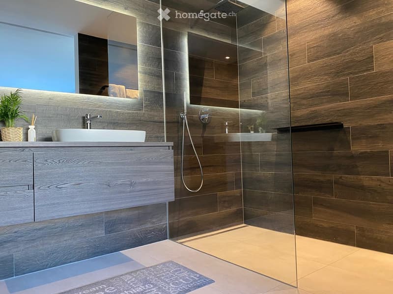 Modern bathroom with a wooden vanity, white sink, glass shower enclosure, and a large mirror above the sink.