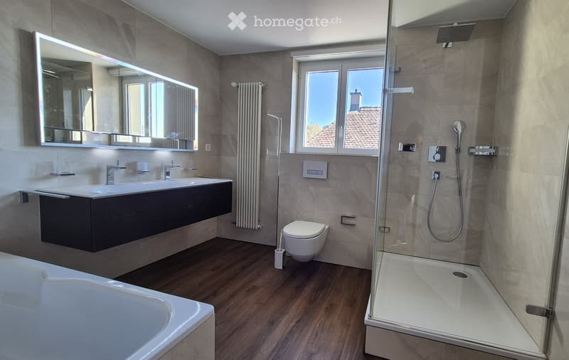 Modern bathroom with a large mirror, double sink, toilet, bathtub, and a walk-in shower with a glass enclosure. The room features wooden flooring and large windows offering a view of the roof.