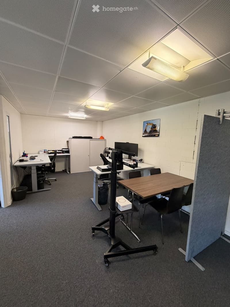 Office space with desks, chairs, computer screens, a cabinet, and a fan. The room features a grey carpeted floor and white walls with a large screen on one wall.
