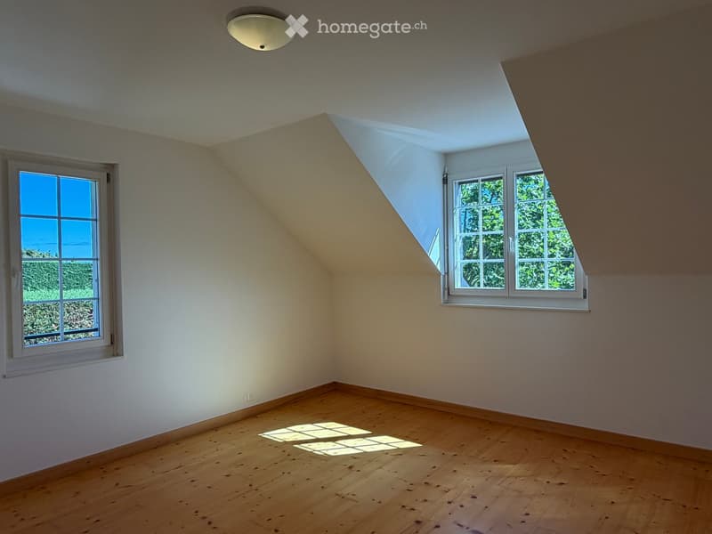 Empty attic room with wooden flooring, white walls, and two windows allowing natural light to enter.