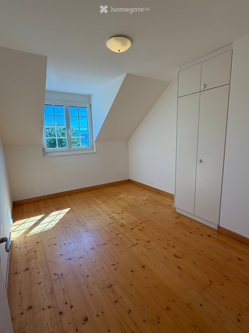 Empty attic room with wooden flooring, white walls, built-in white cabinets, and a skylight window offering natural light.