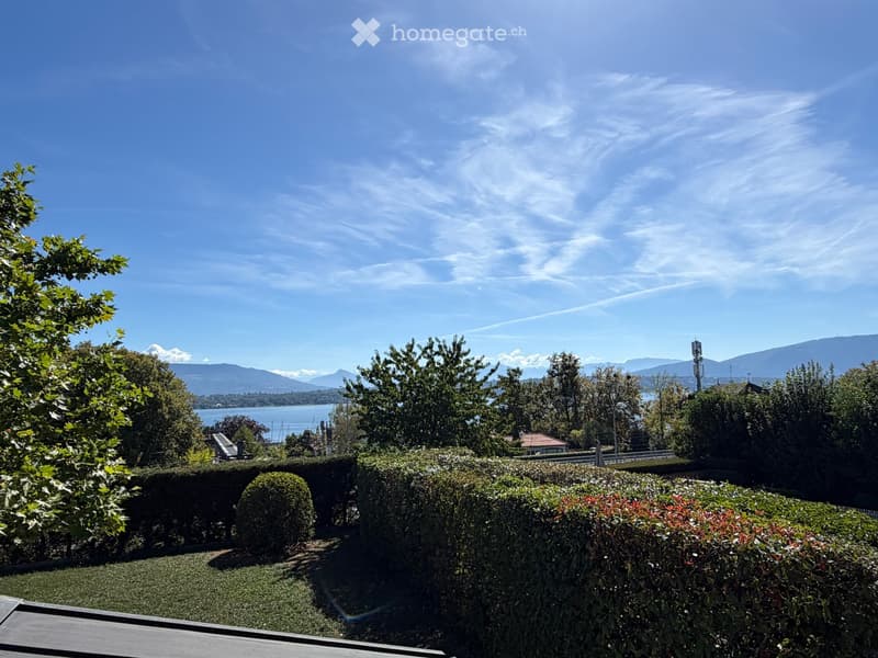 A well-maintained garden with trimmed hedges and a lawn, overlooking a scenic lake and distant mountains under a clear blue sky.
