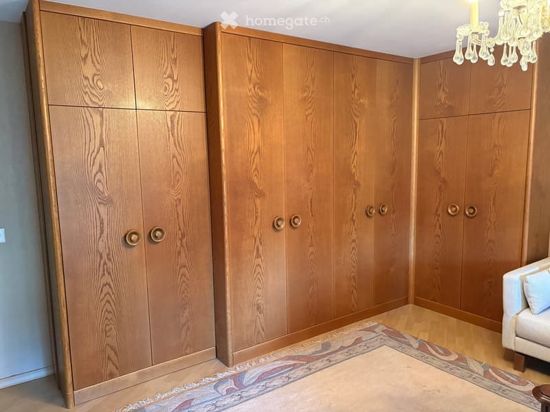A well-lit room with wooden wardrobes, a light-colored sofa, a patterned rug, and a chandelier hanging from the ceiling.