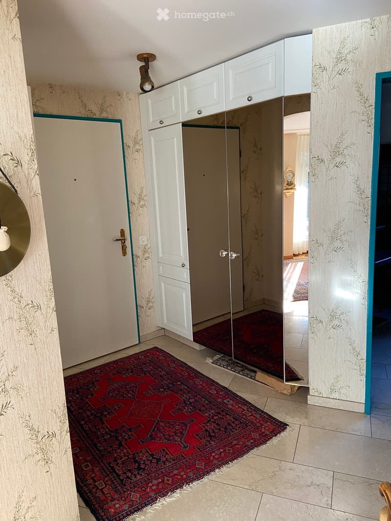 Hallway with patterned rugs, white cabinets, and a mirror. The walls are decorated with floral wallpaper, and there is a light fixture on the ceiling.
