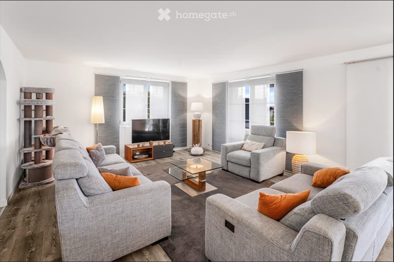 Modern living room with grey sofas, armchairs, a glass coffee table, TV stand, floor lamp, table lamp, and a decorative shelf.