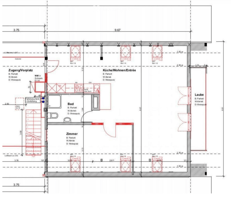 Floor plan showing a multi-room layout including a kitchen/living/entrance area, bathroom, bedroom, hallway, and balcony.