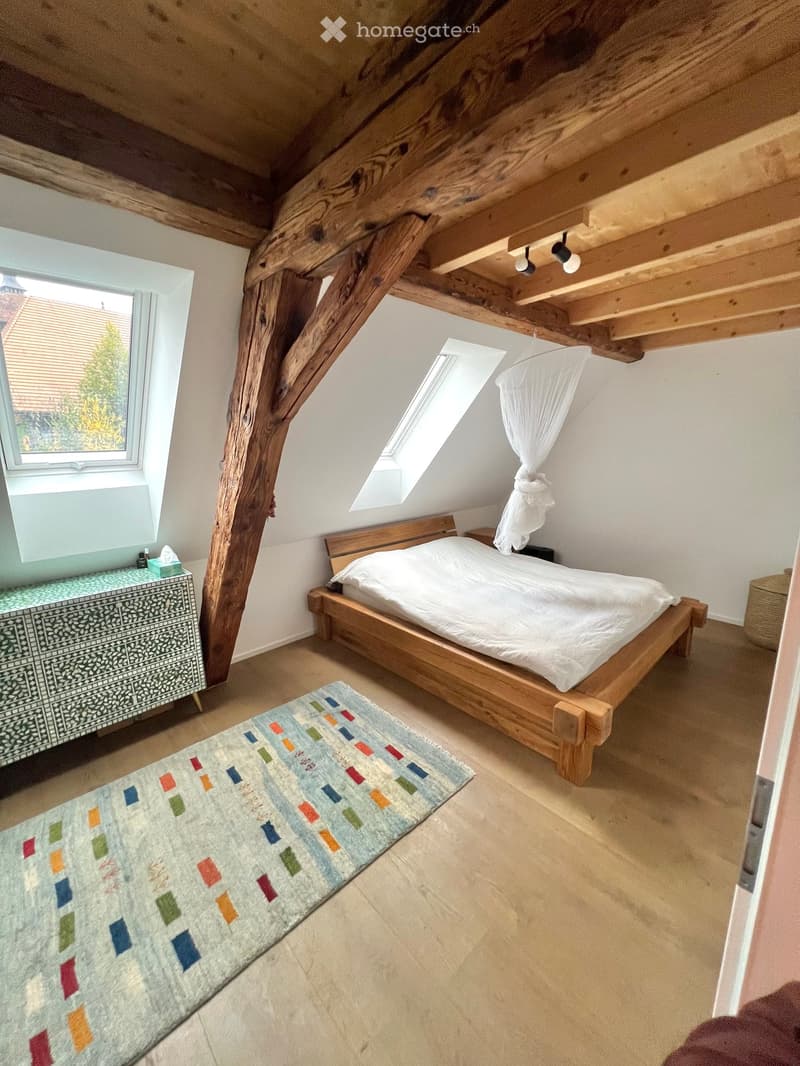 Cozy attic bedroom with wooden beams, skylight, bed, nightstand, colorful rug, and decorative cabinet.
