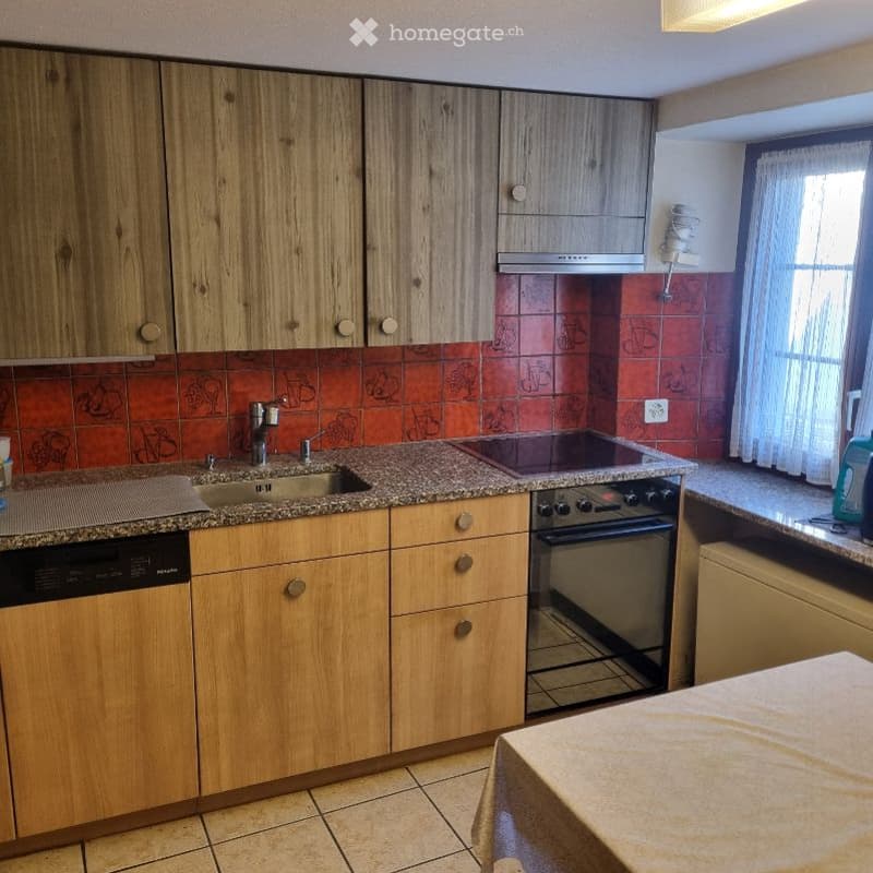 A modern kitchen with wooden cabinets, granite countertops, a sink with a faucet, an oven, and a dishwasher. The backsplash features a red tile design with decorative patterns.