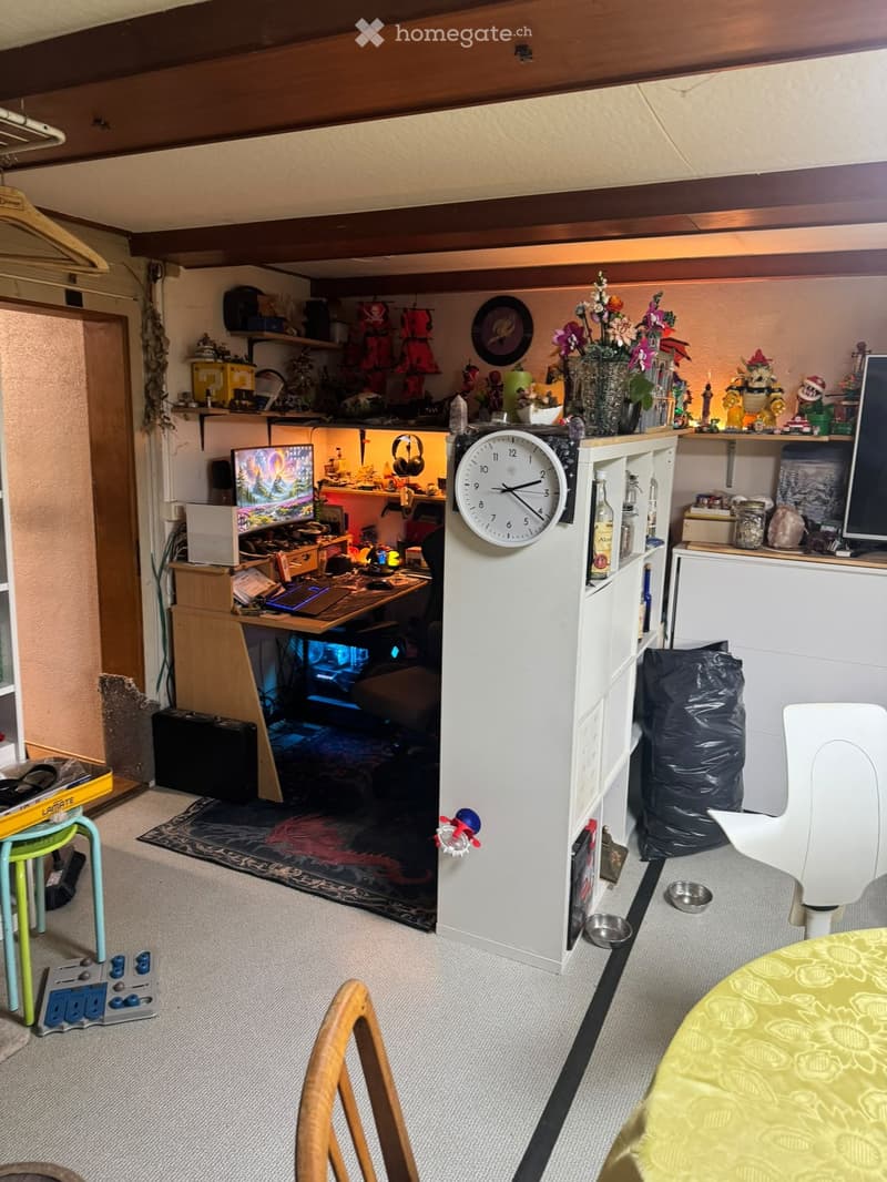 A multi-purpose room with a desk setup, a small seating area, and decorative items. Includes a desk with a laptop and screen, a chair, a clock, a small table with a vase, shelves with various items, and pet bowls.
