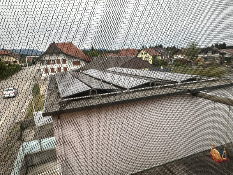 A view through a metal mesh screen shows a residential area with houses and greenery in the background.