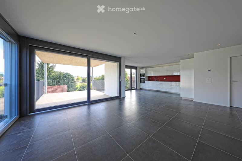 An empty, modern living space with large sliding glass doors leading to a balcony, dark tiled flooring, and a view of greenery outside.