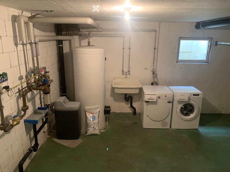 Utility room with a sink, washing machine, water heater, and trash bin. Exposed pipes and a small window are visible.