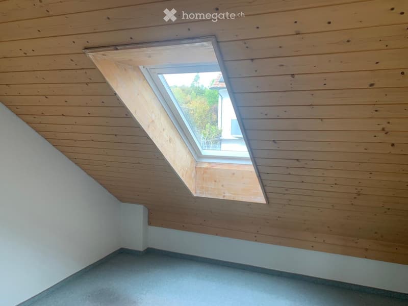 Empty room with wooden slatted ceiling, skylight window, and grey carpeted floor.