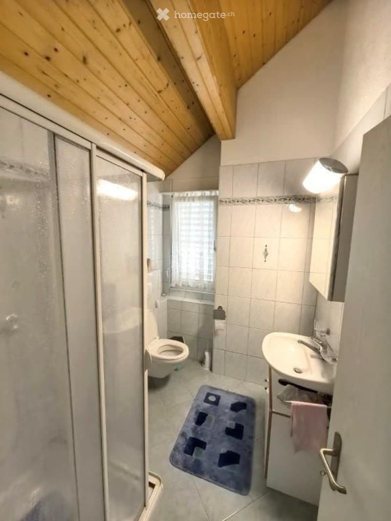 Cozy bathroom with a toilet, sink, mirror, and a glass-enclosed shower. The room features a wooden slanted ceiling and a small blue rug on the floor.