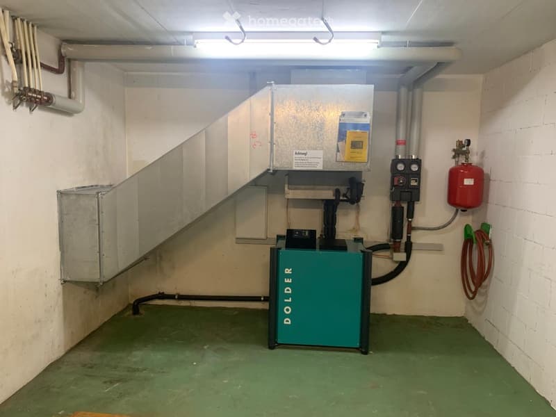 Utility room with green floor, white walls, and various equipment including a green DOLDER unit, pipes, and a red gas cylinder.