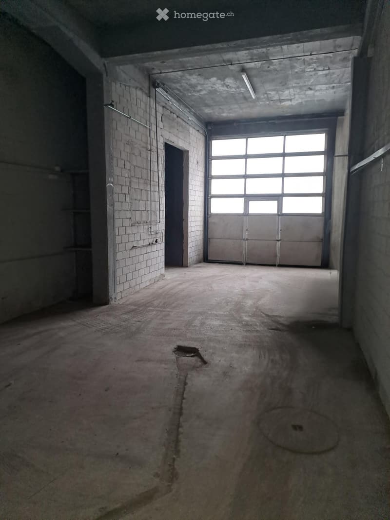 Empty room with exposed brick walls, concrete floor, and large garage-style door with windows. No furniture or equipment present.