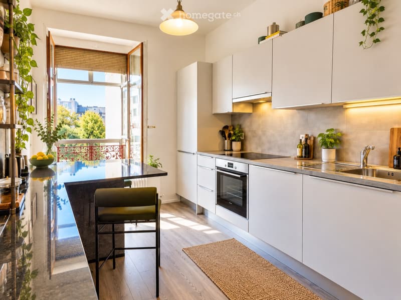 Modern kitchen with white cabinets, stainless steel appliances, island with bar seating, and a view of the city through large windows.
