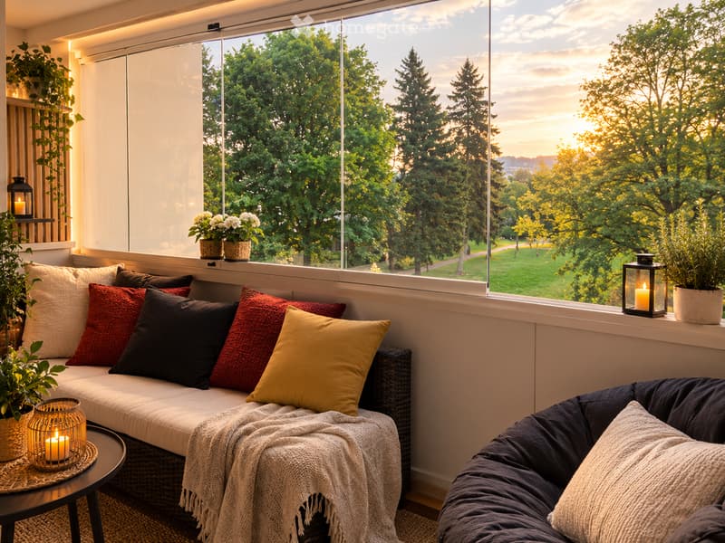 Cozy living room with large windows overlooking a park, featuring a white sofa with colorful pillows, a coffee table with a candle, and potted plants on the windowsill.