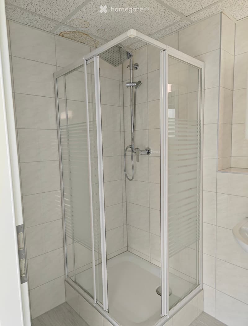 Modern bathroom with a glass-enclosed shower stall, tiled walls, and a sleek showerhead.