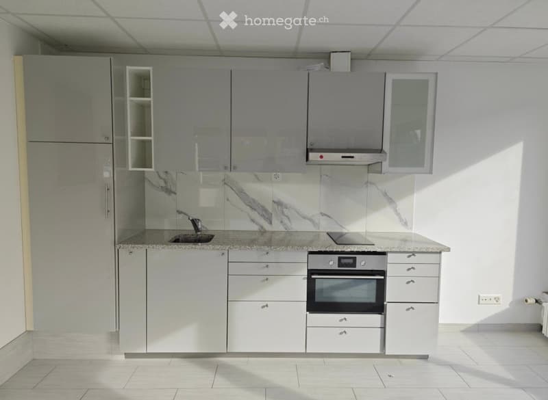 Modern kitchen with grey cabinets, marble backsplash, and stainless steel appliances including a sink, oven, and faucet.