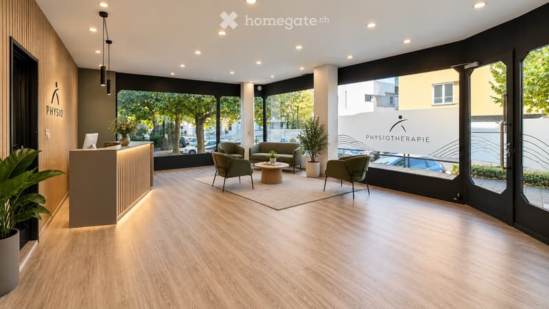 Modern reception area with light wooden flooring, a reception desk, sofa, chairs, small table, and decorative plants.
