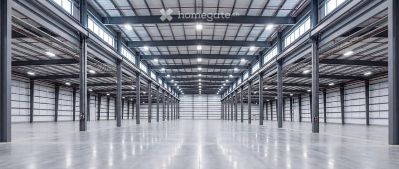 Large, empty industrial-style warehouse with high ceilings, metal beams, and concrete floors. No furniture or equipment is present.