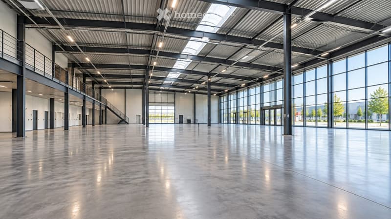 Large, empty industrial-style space with polished concrete floors, exposed steel beams, and large windows allowing natural light. Features a balcony level with a staircase leading up.