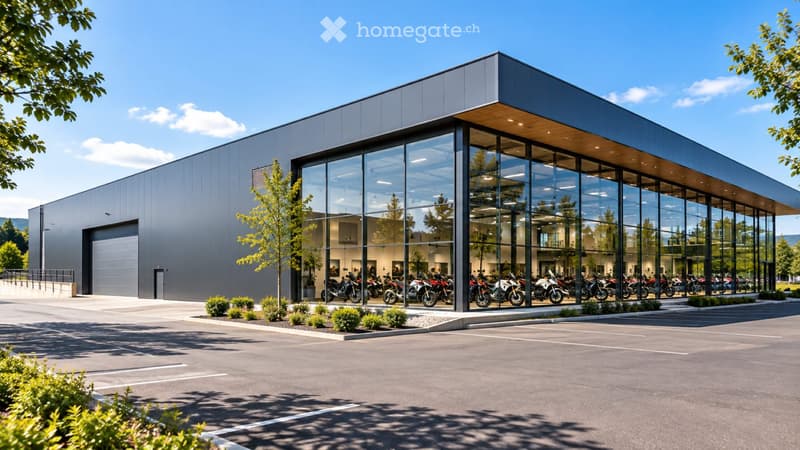 Modern building with large glass windows and a spacious parking lot, featuring multiple motorcycles inside and a small tree in front.