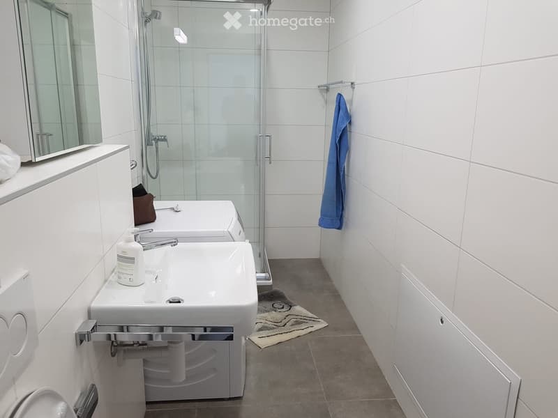 Modern bathroom with white tiles, a double sink, a glass-enclosed shower, a mirror, and a towel hanging on the wall.