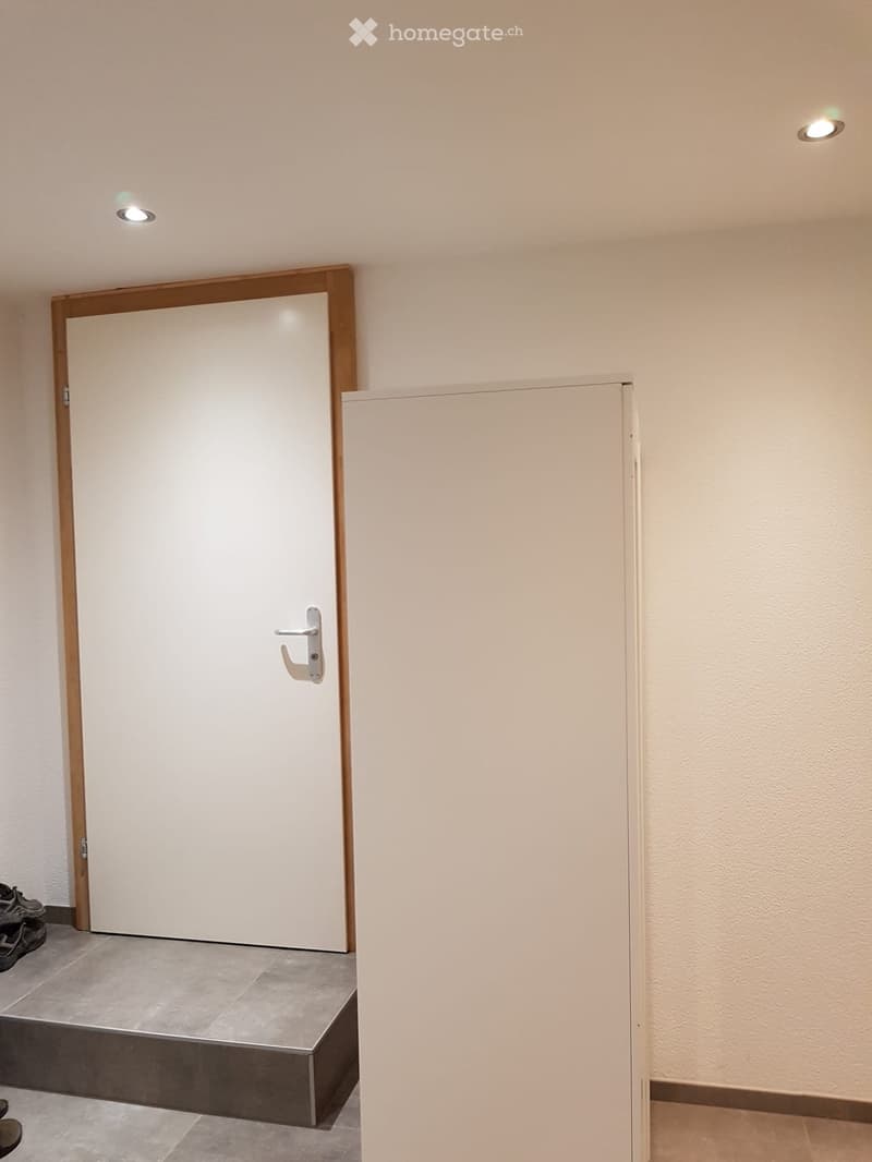 Empty hallway with beige walls, a closed white door, and a small step leading to another room. A pair of shoes is placed near the door.