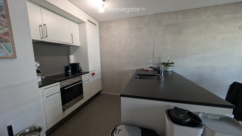 Modern kitchen with white cabinets, stainless steel oven, black countertop, and sink area. Includes a small plant and trash bin.