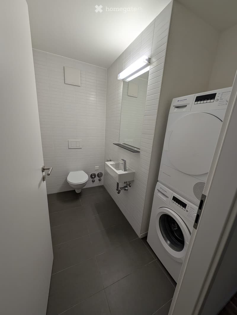 Modern bathroom with white tiled walls, dark tiled floor, toilet, sink, and a private washing machine.