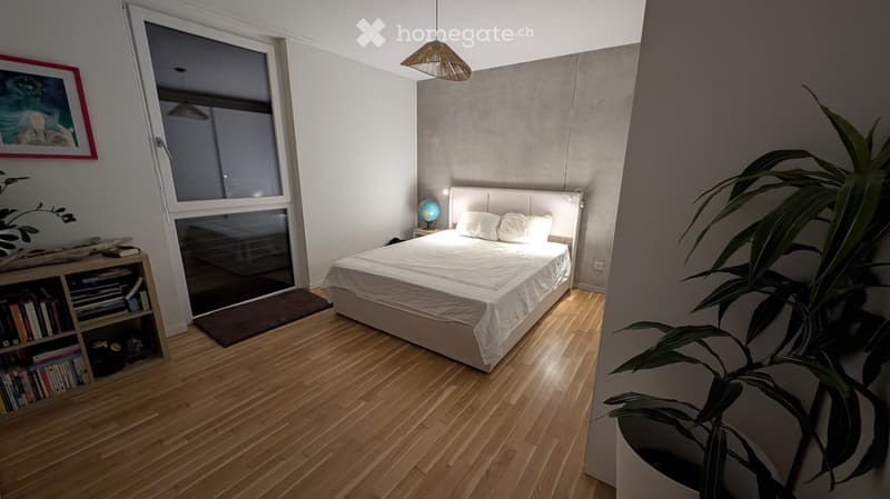 Modern bedroom with a large bed, wooden floor, bookshelf, globe on nightstand, and a potted plant near the window.