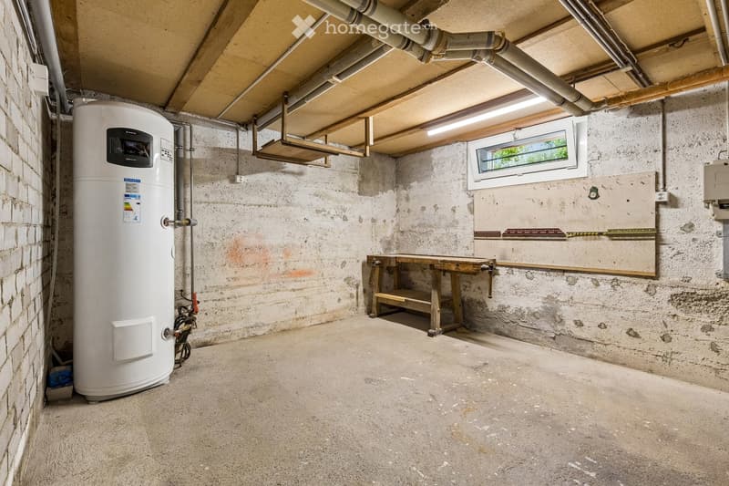 Unfurnished basement space with exposed brick walls, concrete floor, water heater, workbench, and small window.