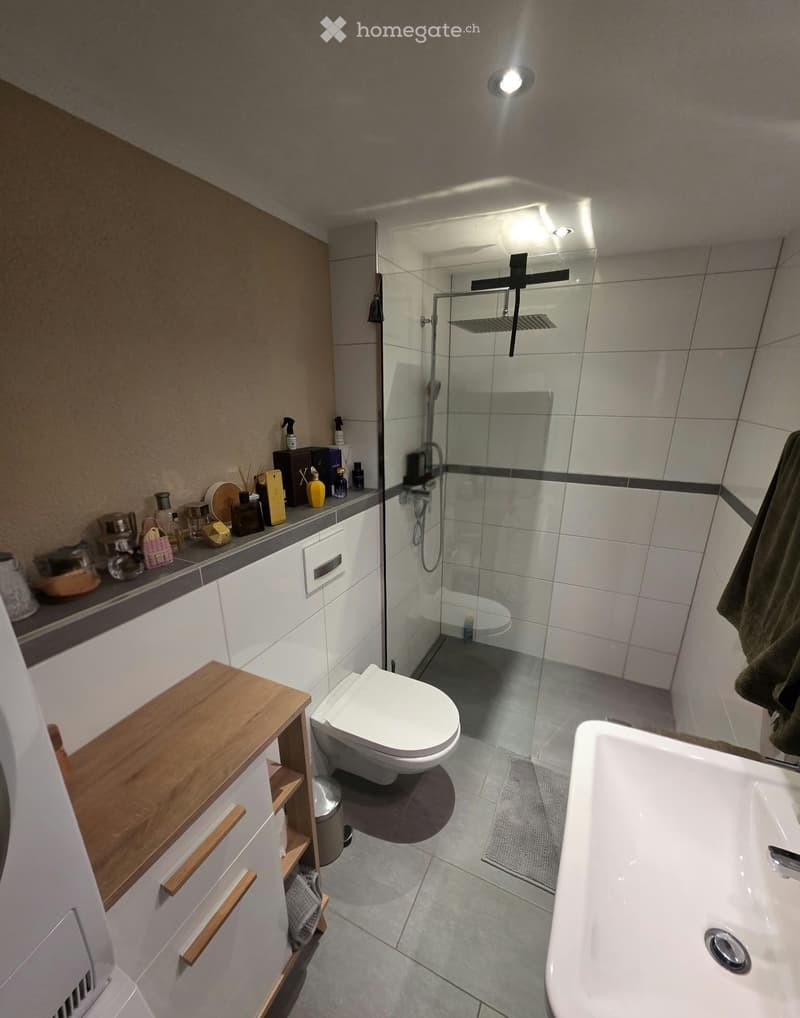Modern bathroom with a toilet, bathtub, shower, sink, and cabinet. The shower has a glass enclosure, and the sink has a mirror above it. There are various toiletries on the sink counter, and a towel is hanging on the side.