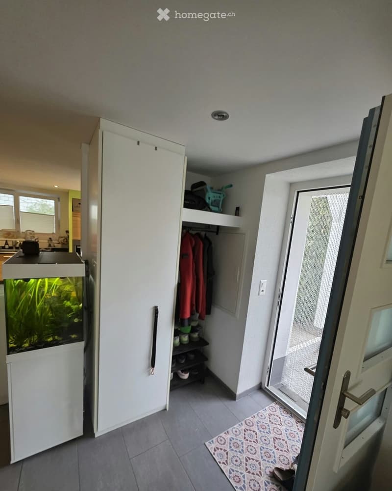 A narrow hallway with a white closet, a small shelf with shoes and coats, a fish tank, and an open door leading outside.