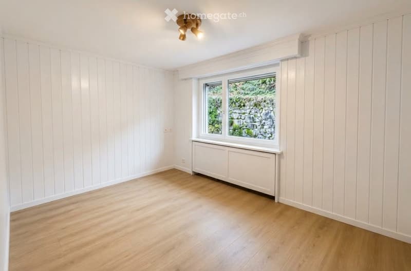 Empty room with white paneled walls, light wooden flooring, a single window with white frame, and a white radiator below the window. The ceiling has a small, modern light fixture.