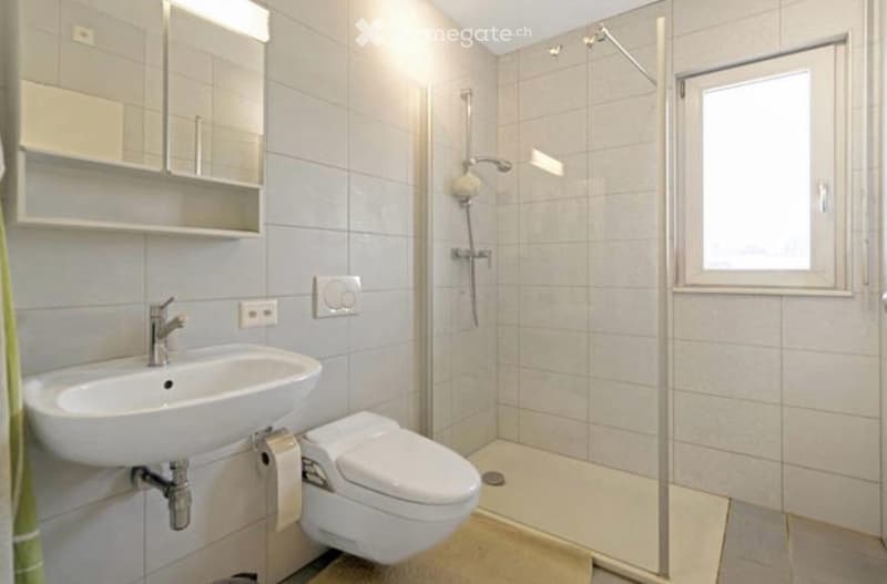 Modern bathroom with a white sink, toilet, glass-enclosed shower, and a mirror above the sink. The walls are tiled in light gray, and the floor is also tiled.
