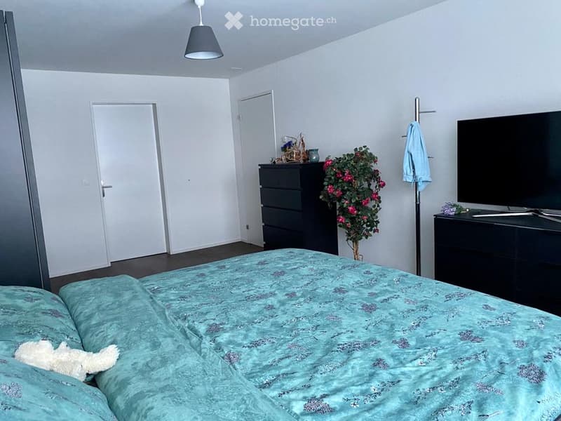 A modern bedroom with a large bed covered in a blue floral duvet, a nightstand with a lamp, a dresser, a screen, a plant, and a toy on the bed.