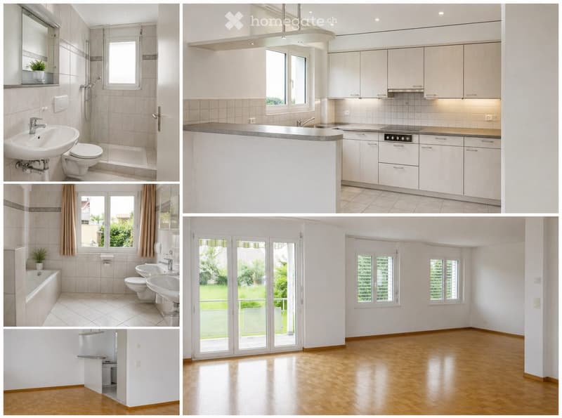 The collage displays multiple rooms: a modern bathroom with a sink, toilet, and shower; a sleek kitchen with white cabinets, a central island, and stainless steel appliances; a spacious living area with large windows and wooden flooring; and a bright bedr
