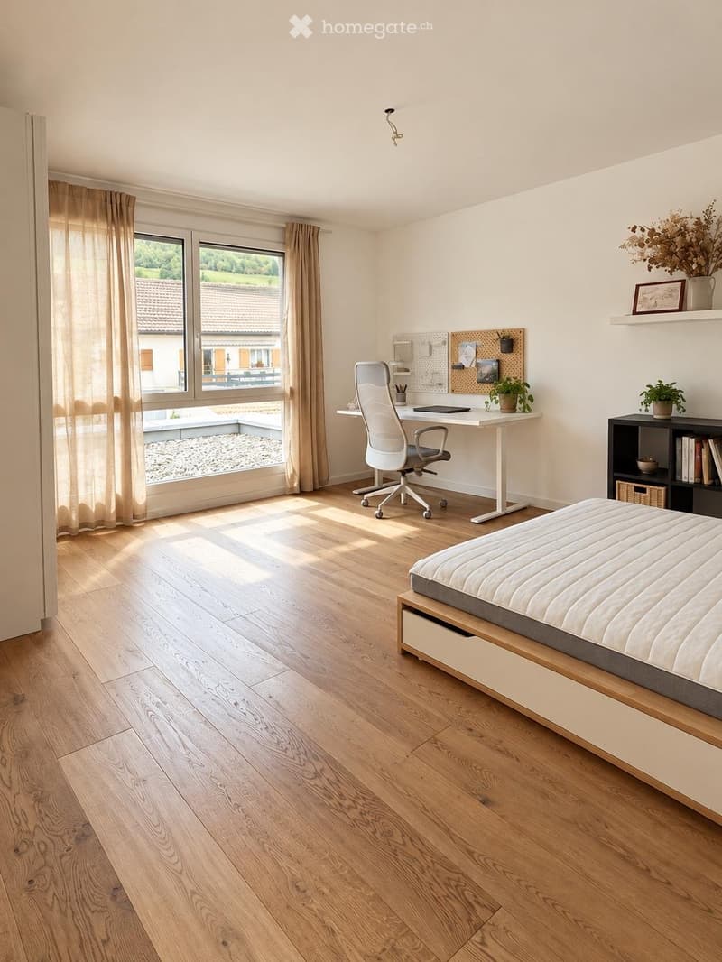 Bright bedroom with wooden flooring, large windows with curtains, a bed with a white duvet, a desk with a chair, and shelves with plants and decorative items.