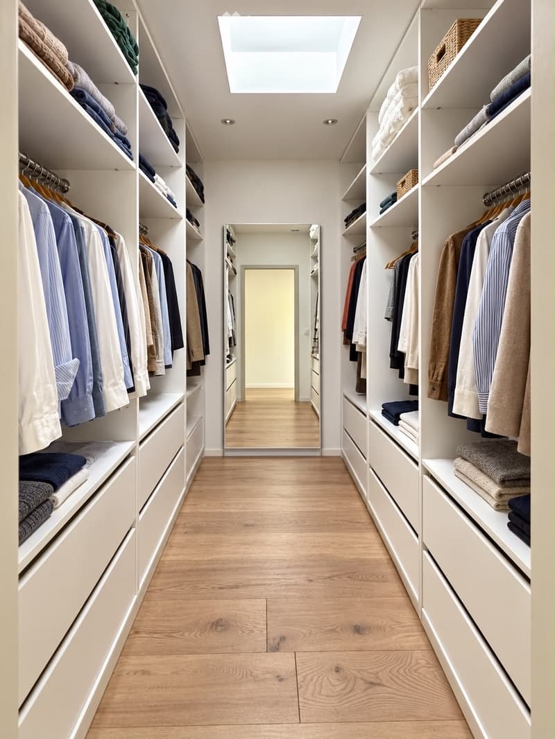 Spacious, well-lit walk-in closet with built-in storage units, wooden flooring, and a skylight above.