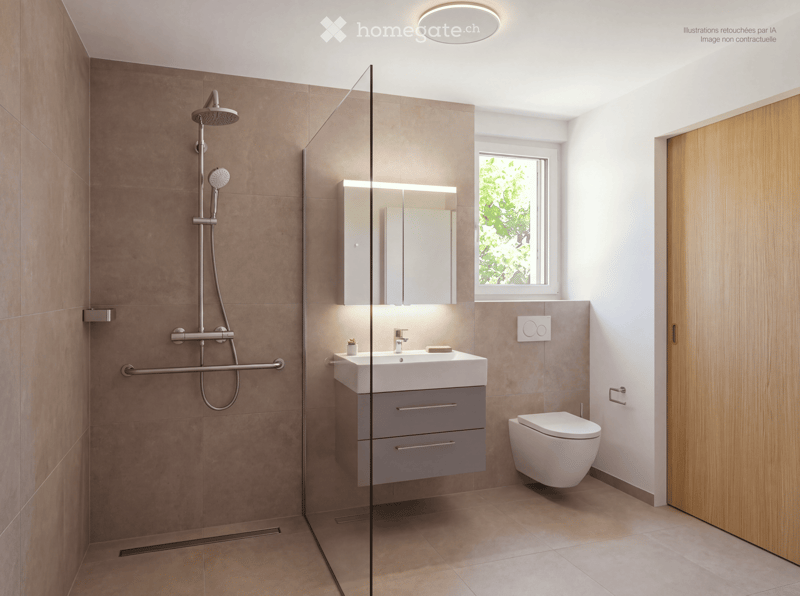 Modern bathroom with a glass-enclosed shower, a white sink with a grey cabinet, a toilet, and a mirror with built-in lighting. The walls are tiled in brown, and the floor is tiled in beige.